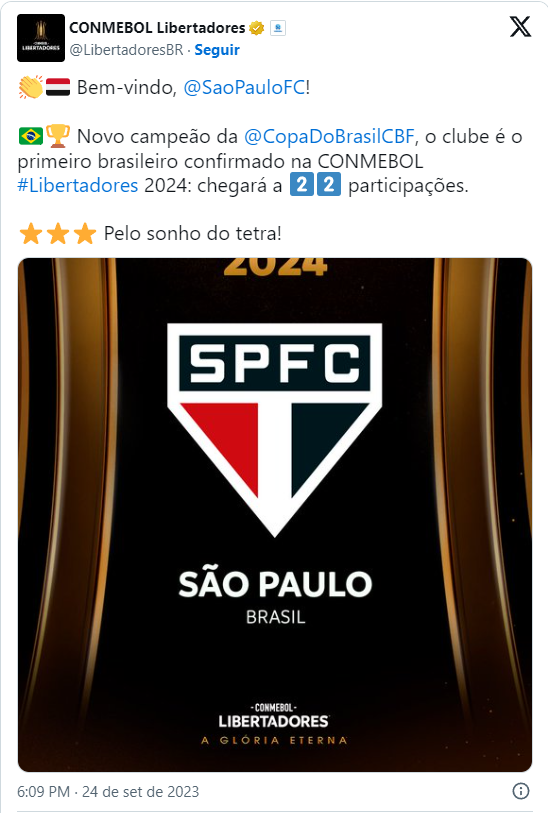 Campeão da Copa do Brasil 2023, Tricolor se classifica à CONMEBOL  Libertadores 2024 - SPFC